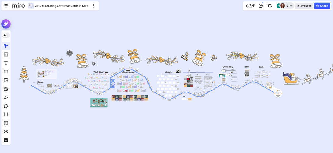 An overview of a large visual Miro board with several activity areas all wrapped up in a christmas theme