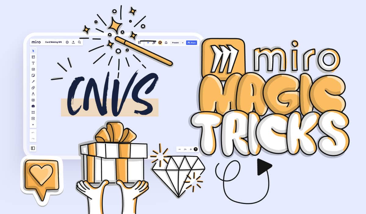 An image with the text 'Miro Magic Tricks' and a screen of the Miro interface with a pair of hands holding up a gift box and a magic wand above.