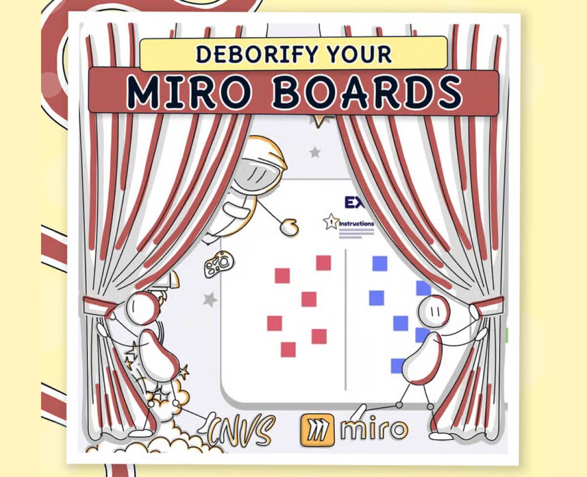 Image of Said's event in Luma for Deborify your Miro Boards with CNVS people pulling back the curtains of a stage to reveal a fun looking workshop exercise