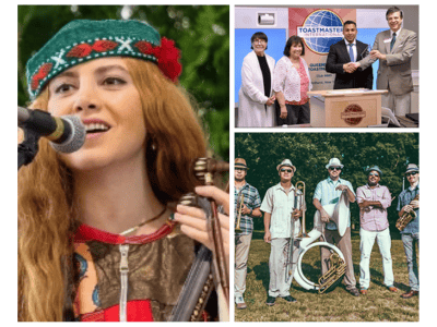 Collage: Street Beat Brass Band performing, Toastmasters group giving speeches, and Mehrnam Rastegari playing kamancheh at Terraza 7.