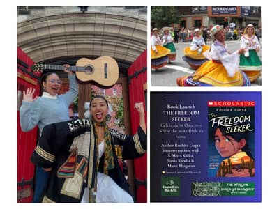 Collage showing upcoming cultural events in Queens. Left: two performers smile and pose with a guitar outside a red gate. Top right: dancers in colorful traditional dresses twirl during a street parade. Bottom right: promotional flyer for the book launch 