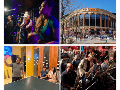 Collage of local events in Queens: a live band performing under colorful lights, fans gathering outside Citi Field stadium, friends playing ping pong in a cozy room, and a jazz group with saxophones and drums playing at an intimate venue.