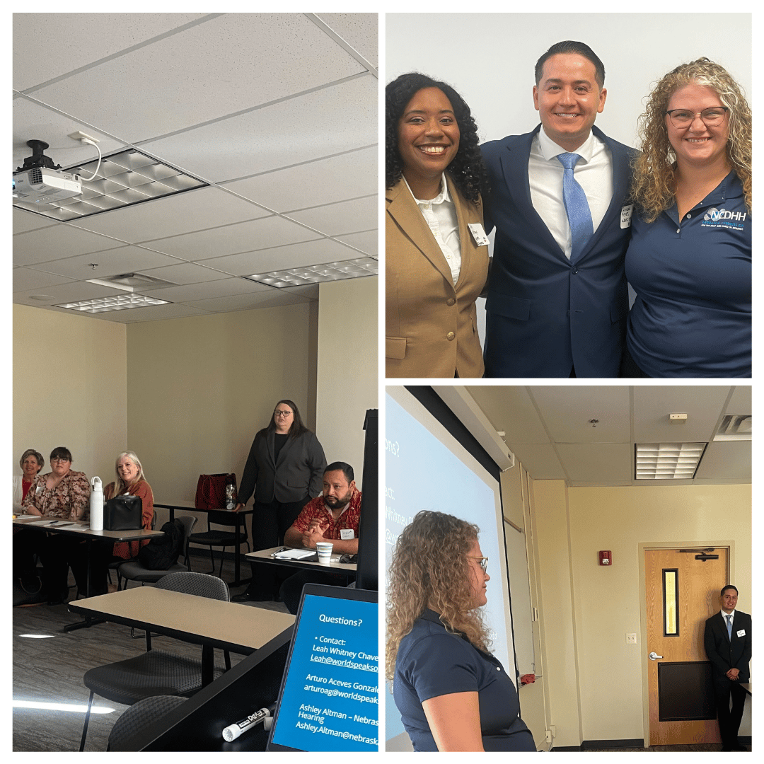 Image is collage of three photos from the NATI conference - one shows participants asking questions, one shows three people - Leah Whitney Chavez, Arturo Aceves González and Ashley Altman - posing & smiling in front of the camera, and one showing Ashley and Arturo presenting.