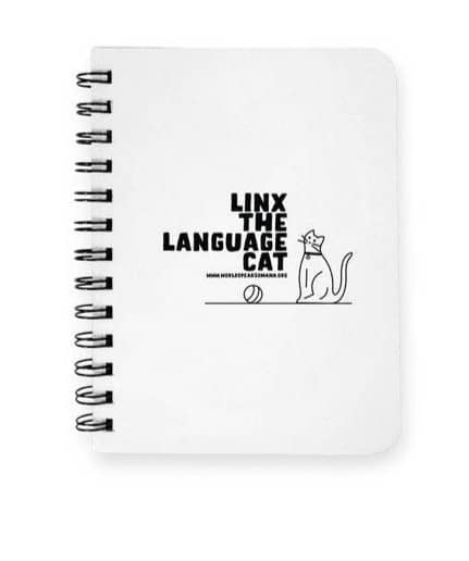  Image shows a notebook with a line drawing of a cat. Next to the cat are the words "Linx the Language Cat"