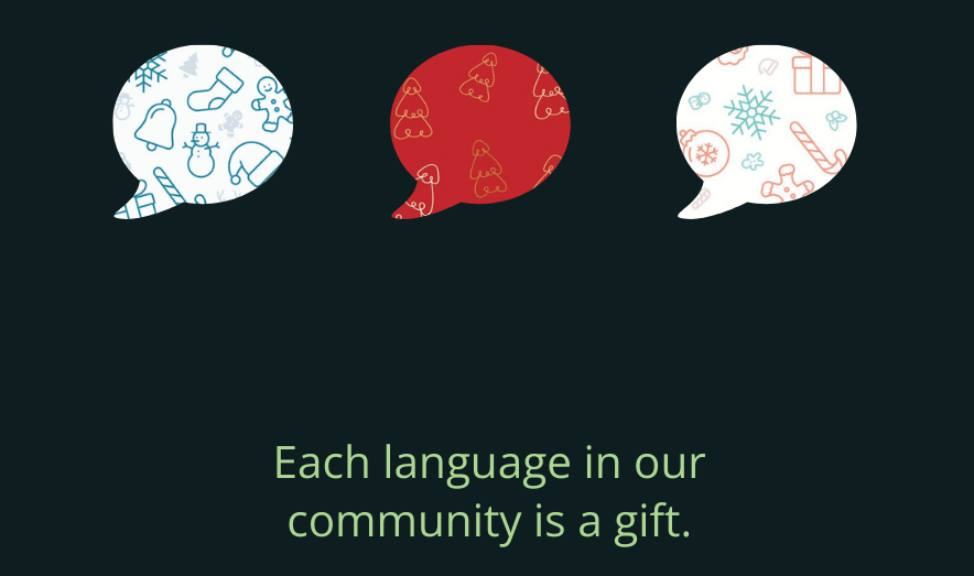 Three speech bubbles with a designs sit above the phrase "Each Language in Our Community is a Gift" 
