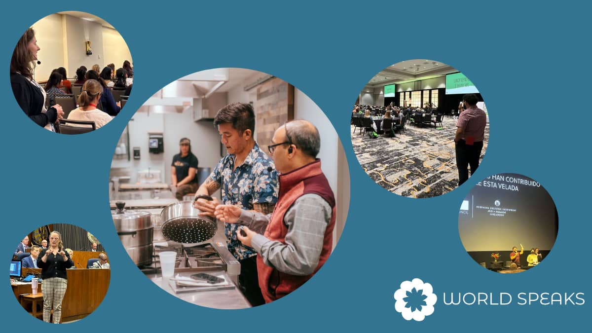 Graphic with five photos of interpreters interpreting at different kinds of events (a conference, a meeting, a cooking demonstration, a workshop and a film event)