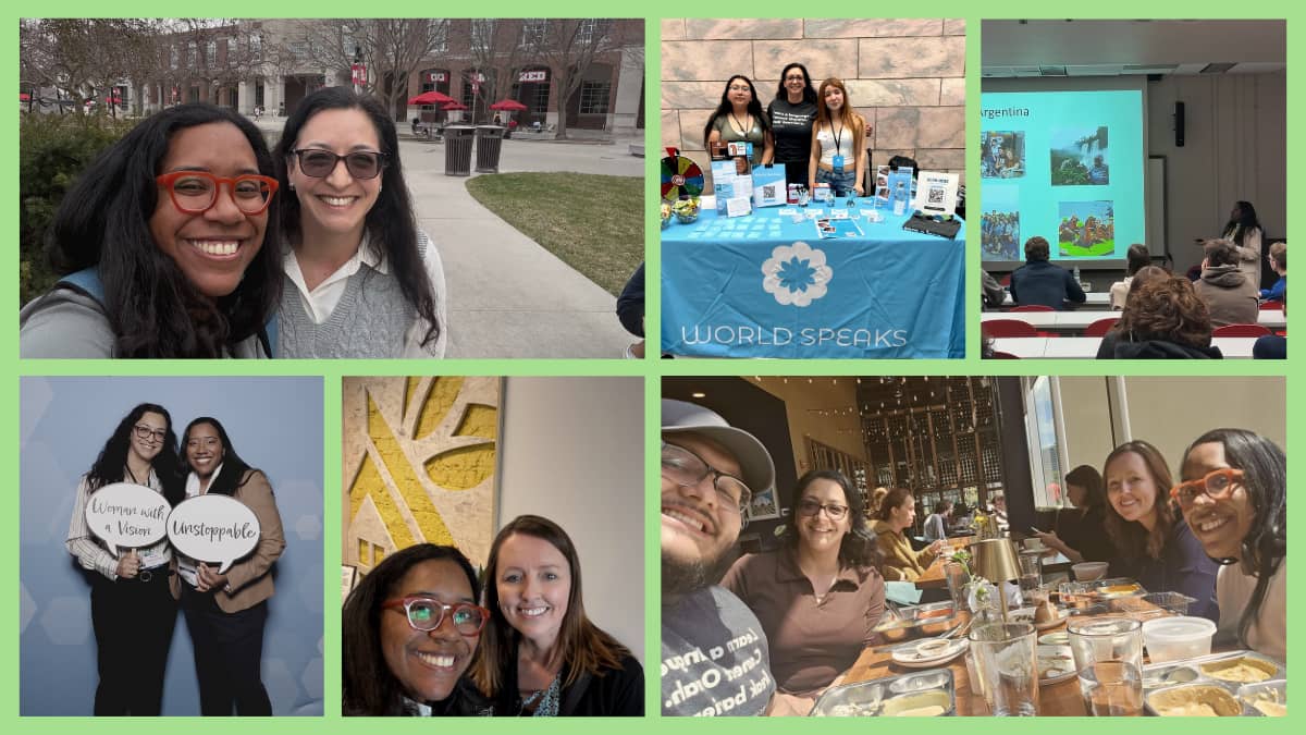 A collage featuring the staff of World Speaks at events they attended in April & May.