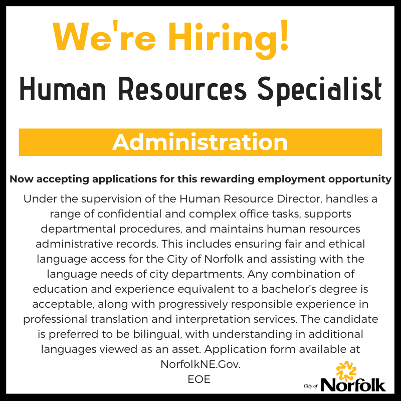 Image reads "We're Hiring! Human Resources Specialist: Administration." 