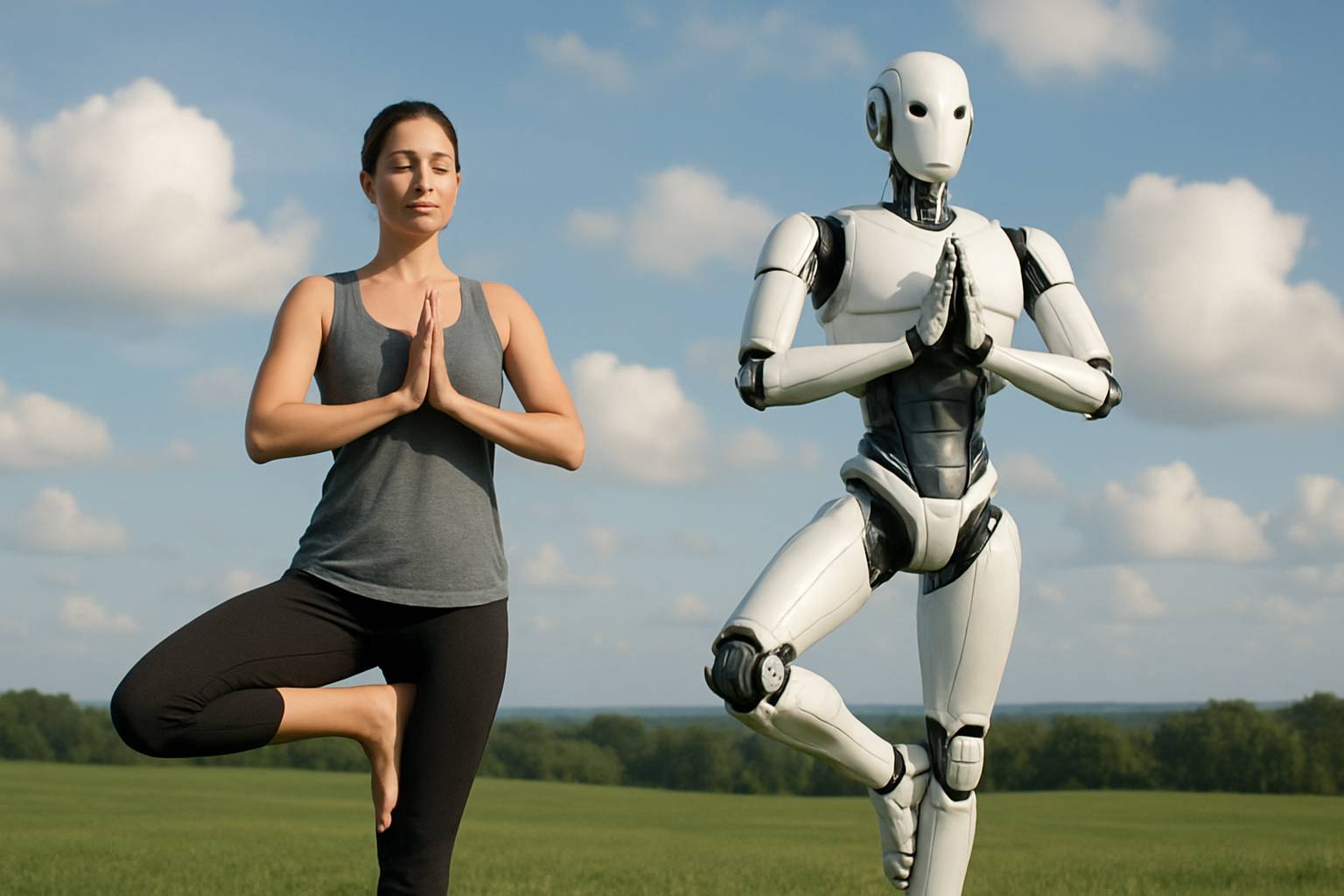 A woman and robot doing yoga outside