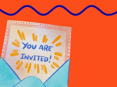 Invitation popping out of an envelope.