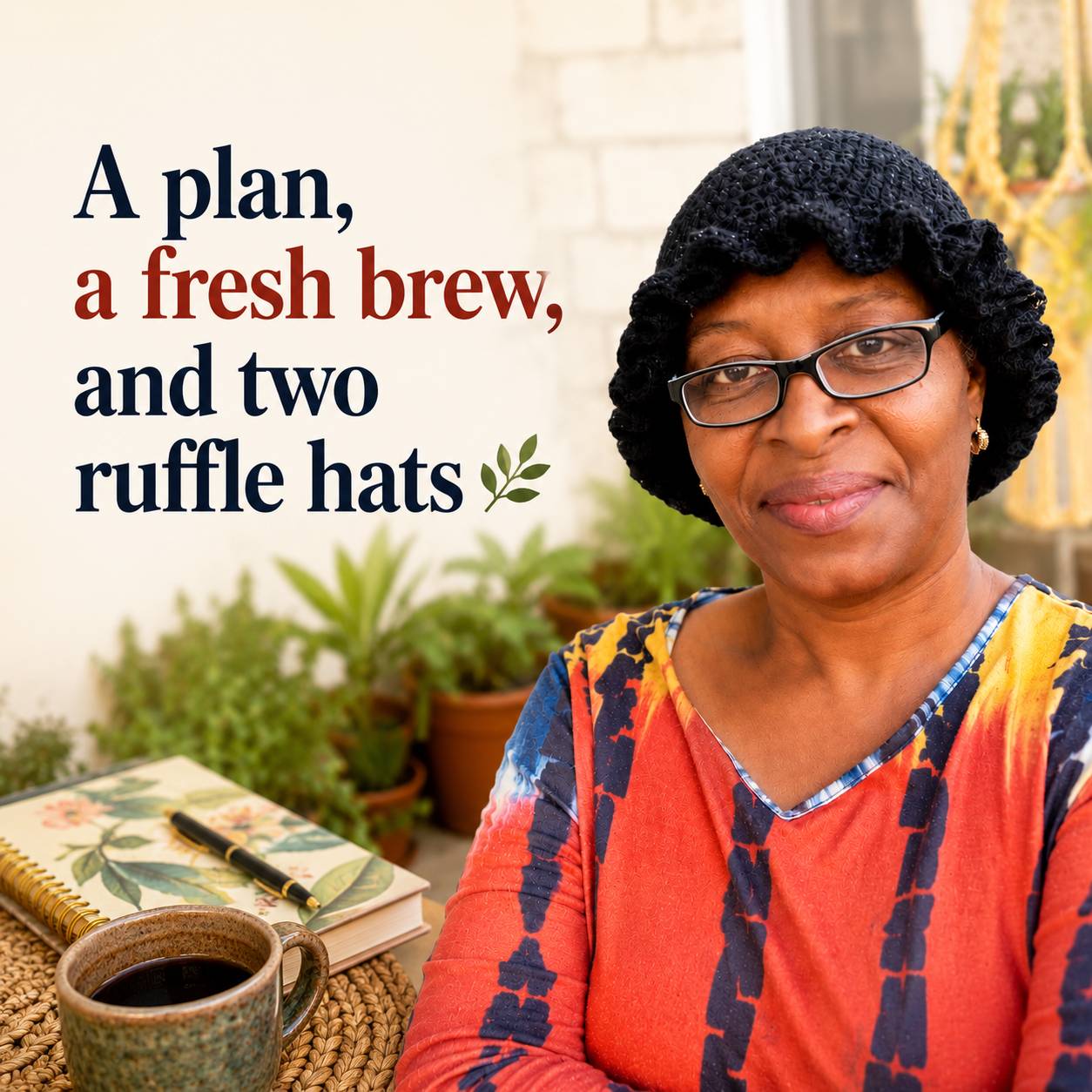 A plan, a fresh brew, and two ruffle hats