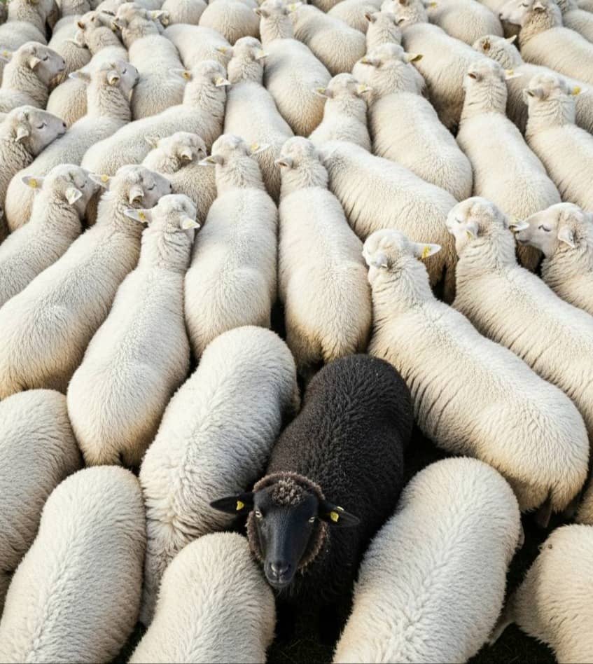 Person in hat looks at phone near wall art