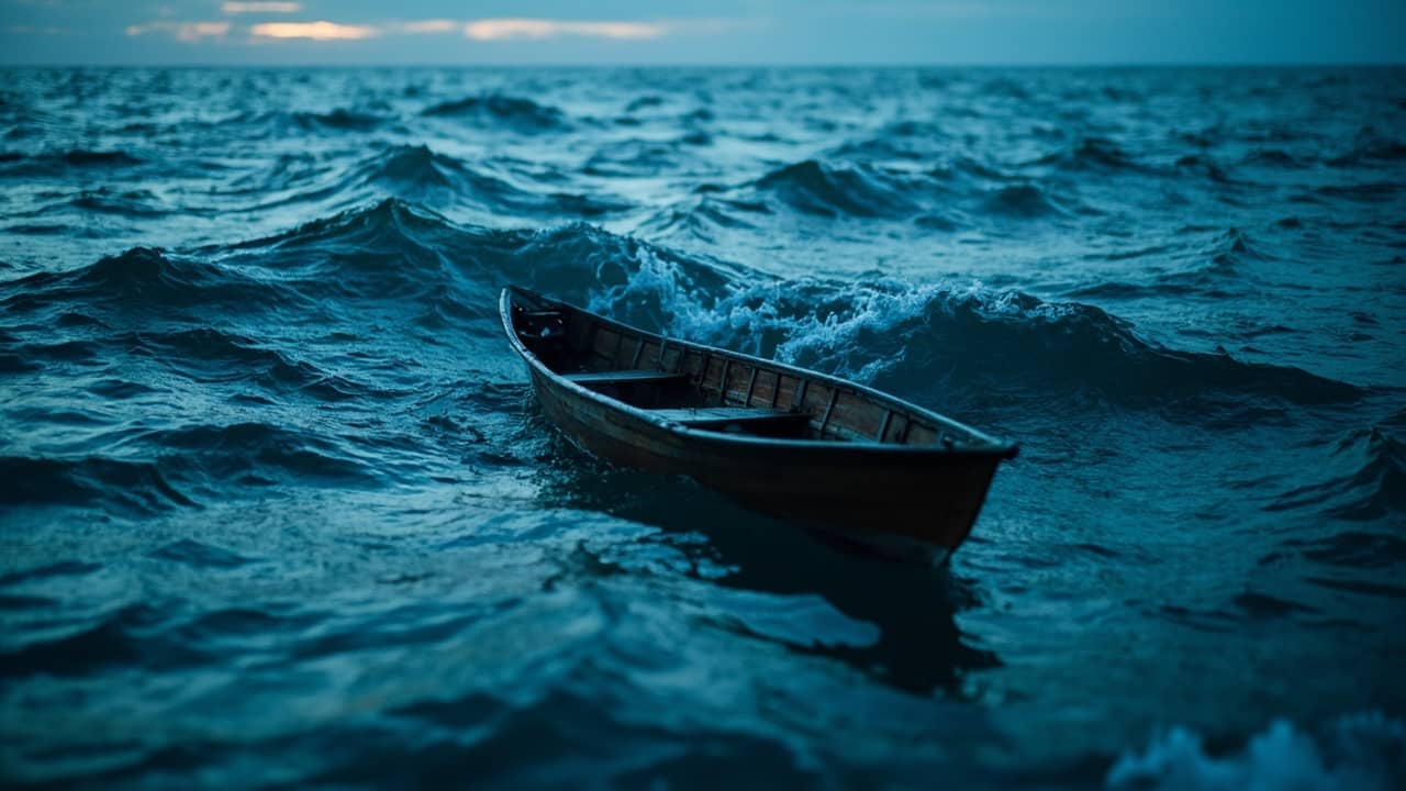 Small wooden boat drifting through powerful ocean swells at dusk.