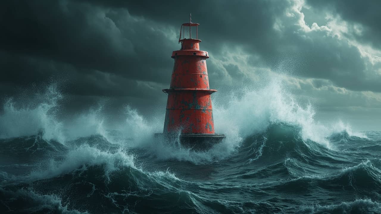 A bright red navigation buoy rises and falls with the waves but remains firmly anchored in place.