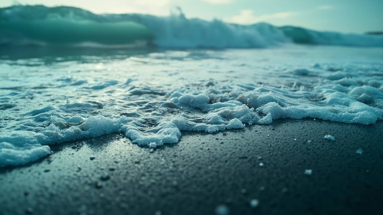 Close-up of a powerful ocean wave that has just broken on the shore.