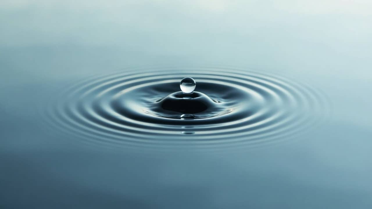 A single drop touching the surface of still water, creating gentle circular ripples that expand outward.