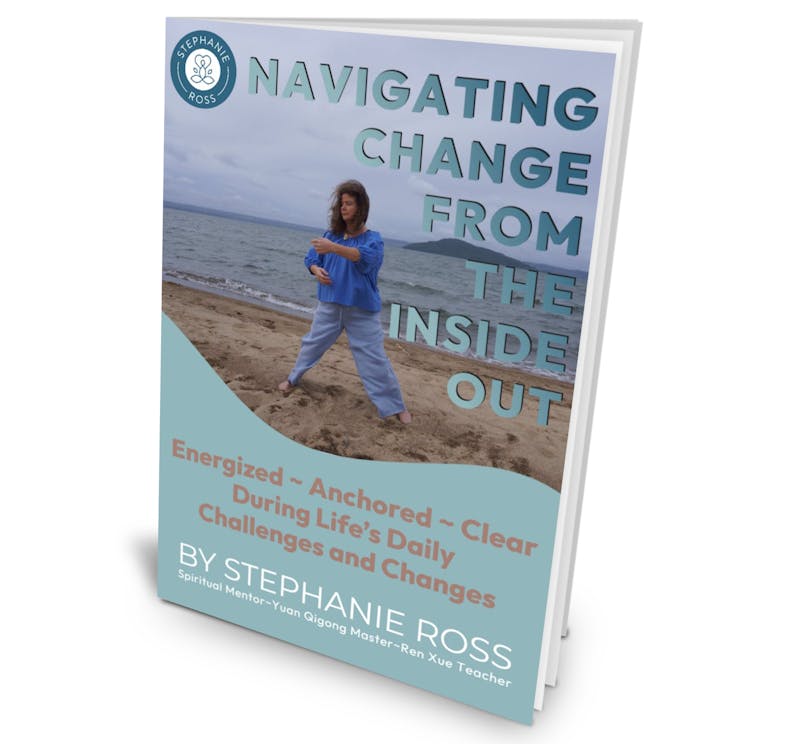 Book Navigating Change from the Inside Out: Remain Energized, Anchored, and Clear During LIfe's Daily Challenges and Changes. By Stephanie Ross. A peaceful woman is going Yuan Qigong on a sandy beach. She looks mindful and tranquil in stormy weather.