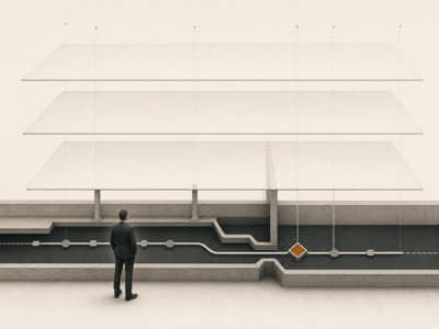 A professional studies a lower operating signal track beneath blank reporting layers, with the earlier signal point marked.