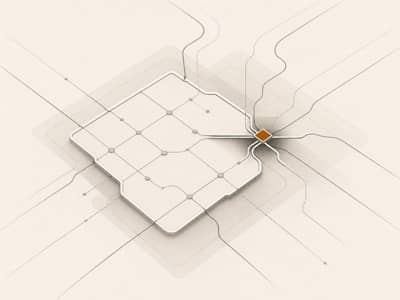 External signal lines press into a structured operating field, narrowing the decision path at a single marked point.
