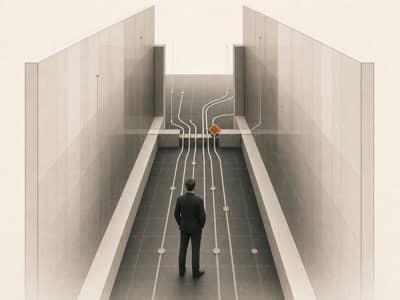 An operator stands inside a narrow structural corridor where aligned paths begin to separate at a marked point ahead.