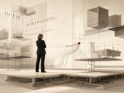 A composed senior operator stands inside a warm ivory abstract organizational structure while hidden pathways and formal planes route toward a single crimson marker, showing the gap between informal dependence and formal protection.