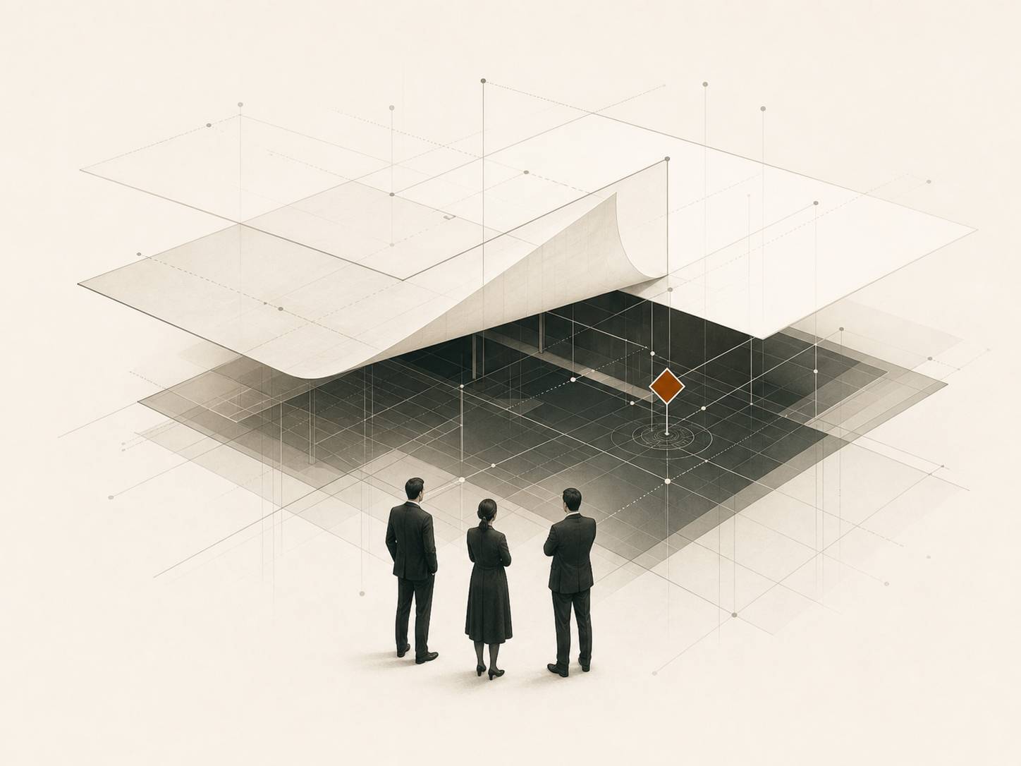 Three professionals stand before a pale abstract structural system where the top layer curls back to reveal a darker hidden operating grid beneath, with fine diagnostic lines and a single cognac signal marker indicating the point of structural insight.