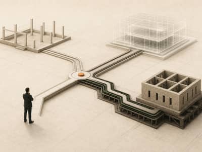 A professional stands before a central decision node where one engagement path branches toward three different organizational structures, showing that the right level of support has to match the condition of the organization.