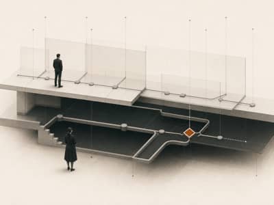Two professionals stand on different authority layers while a lower operating path reaches the marked decision point first.