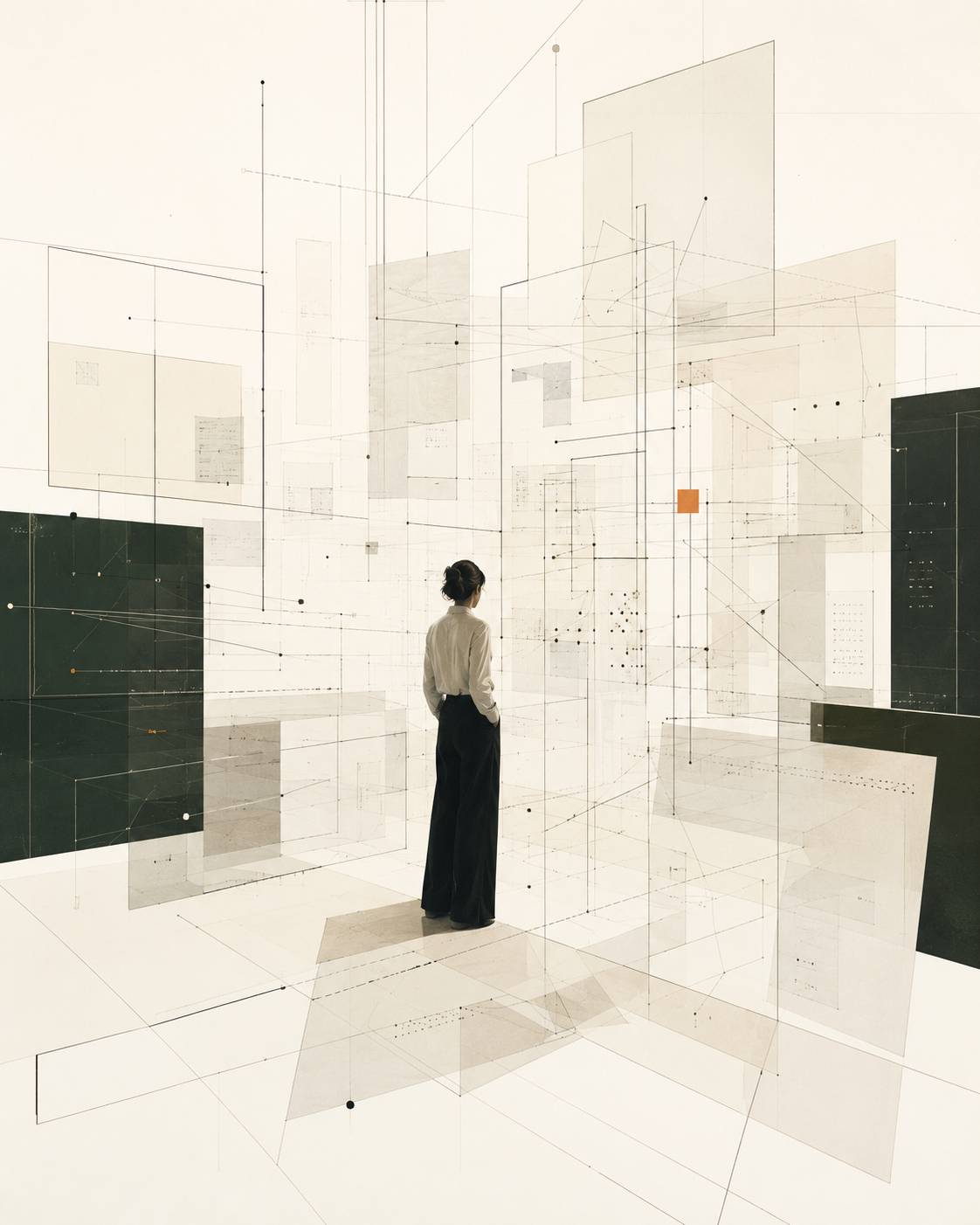 A woman seen from behind stands in a pale abstract field of overlapping translucent panels, fine architectural lines, and dark grounding blocks, visually representing a leader trying to make sense of hidden operational complexity beneath the surface of a business.