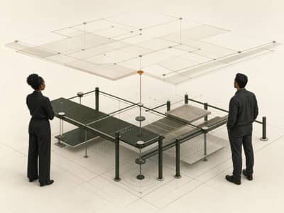 Two leaders study a layered operating structure where a pale diagnostic plane is held above a darker sustainment frame, with one marked weak joint showing where change can decay.