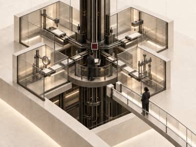Warm ivory and black architectural cutaway with four glass inspection chambers routed into one central evidence core. One professional operates at the core while another stands on an outer bridge that stops short of connecting. A single crimson square mar