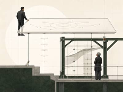 Two leaders study a diagnostic clarity layer held by sustainment architecture, with one marked weak joint where change can decay.