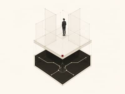 An ivory two-level architectural structure: a woman stands alone on the pale upper platform, while the dark cutaway below shows several decision paths converging on a separate figure; a single crimson square marks the disconnected handoff point.