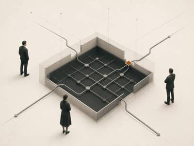 Three professionals study a recessed cost structure as external channels enter the system at a marked point.