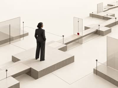An architectural field shows a senior Black woman inside a broad advancement pathway while a narrow transparent plane isolates one decision point. A single crimson marker identifies the measured stage as the rest of the system continues beyond it.