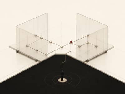 Two translucent, connected decision structures sit above a dark underlayer. A formal route reaches a single small crimson diamond, then drops to one person standing below, showing how an exception returns to informal authority.