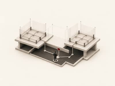 An architectural model shows two intact functional platforms separated by an empty coordinating bay. Their routes descend to a senior operator on the lower level, where a single crimson gate marks the cross-functional decision they are expected to resolve