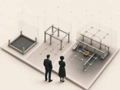 Two professionals study three governance-condition structures, with a marked point showing where the operating framework no longer matches the condition it governs.