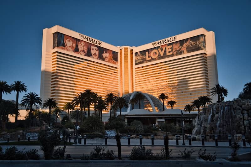 The mirage hotel in las vegas shines in the sunlight.