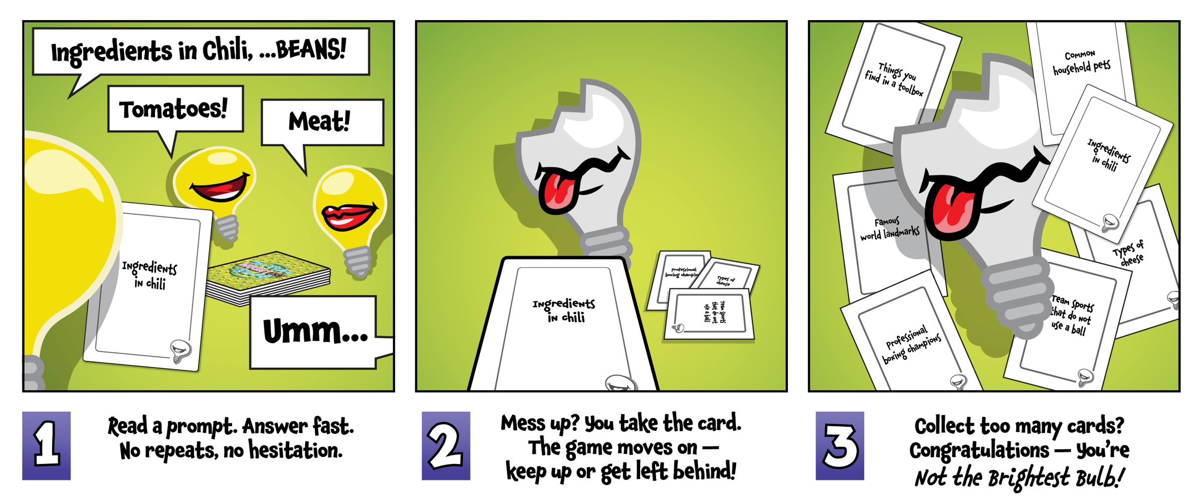 Three comic-style panels explain how to play Not The Brightest Bulb. Panel 1: Cartoon light bulbs shout chili ingredients like “Beans,” “Tomatoes,” and “Meat,” while one bulb hesitates with “Umm…” The prompt card reads “Ingredients in chili.” Panel 2: A cracked bulb with its tongue out takes the card after messing up. Panel 3: The same bulb is now buried under a pile of cards with prompts like “Types of cheese” and “Famous world landmarks.” The caption reads: “Collect too many cards? Congratulations—you’re Not the Brightest Bulb!”