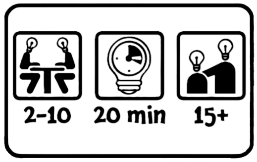 A black-and-white game information icon set for Not The Brightest Bulb. The first icon shows two people sitting at a table with light bulbs above their heads, indicating a player count of 2-10. The second icon features a clock inside a light bulb, representing an average game time of 20 minutes. The third icon shows a person with a light bulb above their head and the number 15+, indicating the recommended age rating of 15 and up. The icons are enclosed in a rounded rectangular border.