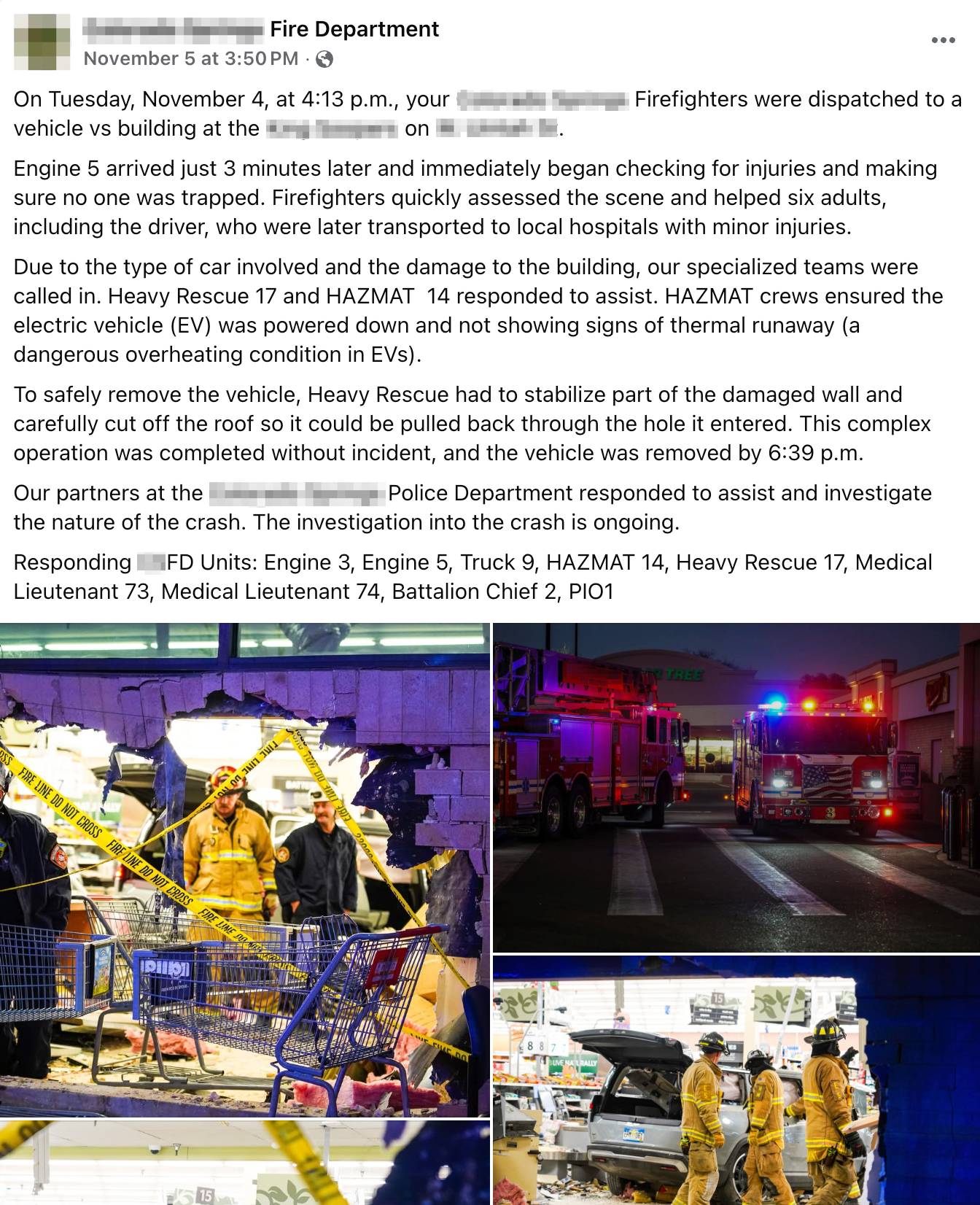 Screenshot of a social media post with text and photos of the incident scene. Full text of the social media post follows in the newsletter.