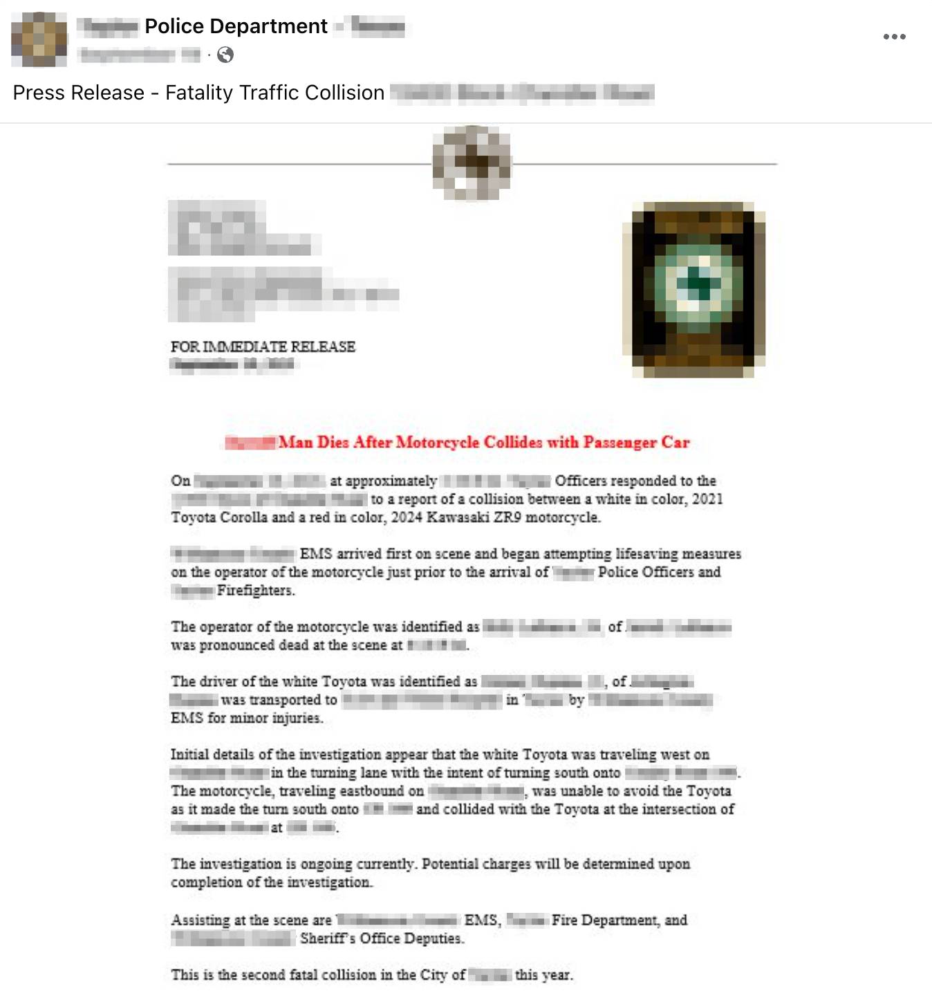Screenshot of a social media post with the text Press Release - Fatality Traffic Collision <redacted> and a screenshot of press release. Full text follows in the newsletter.