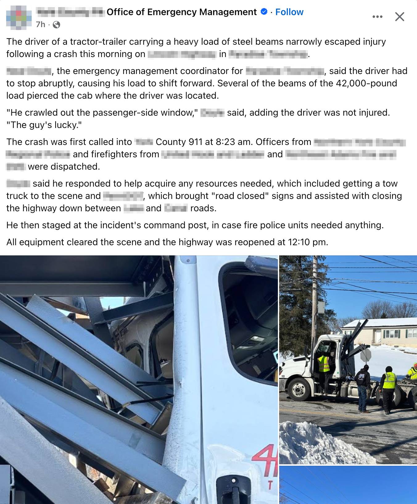 Screenshot of a social media post with text and photos of the incident scene. Full text of the social media post follows in the newsletter.