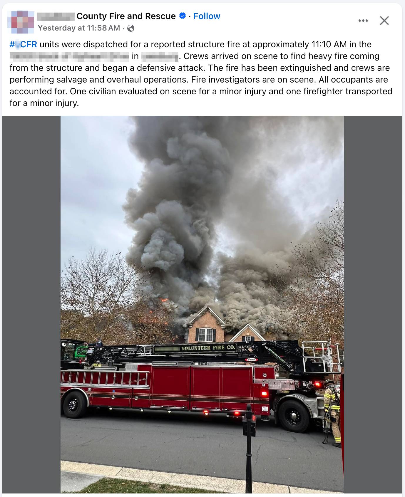 Screenshot of a social media post with text and photo of the incident scene with a dark column of smoke towering over a brick house with a ladder truck in the foreground. Full text of the social media post follows in the newsletter.
