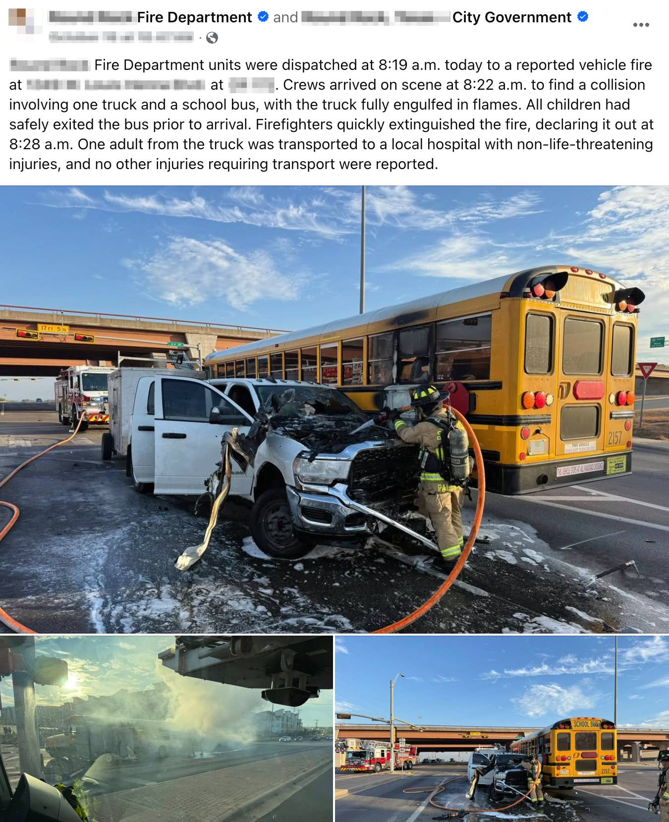 creenshot of a social media post with text and three images of a collision between a pickup truck and school bus. Full text follows in the newsletter.