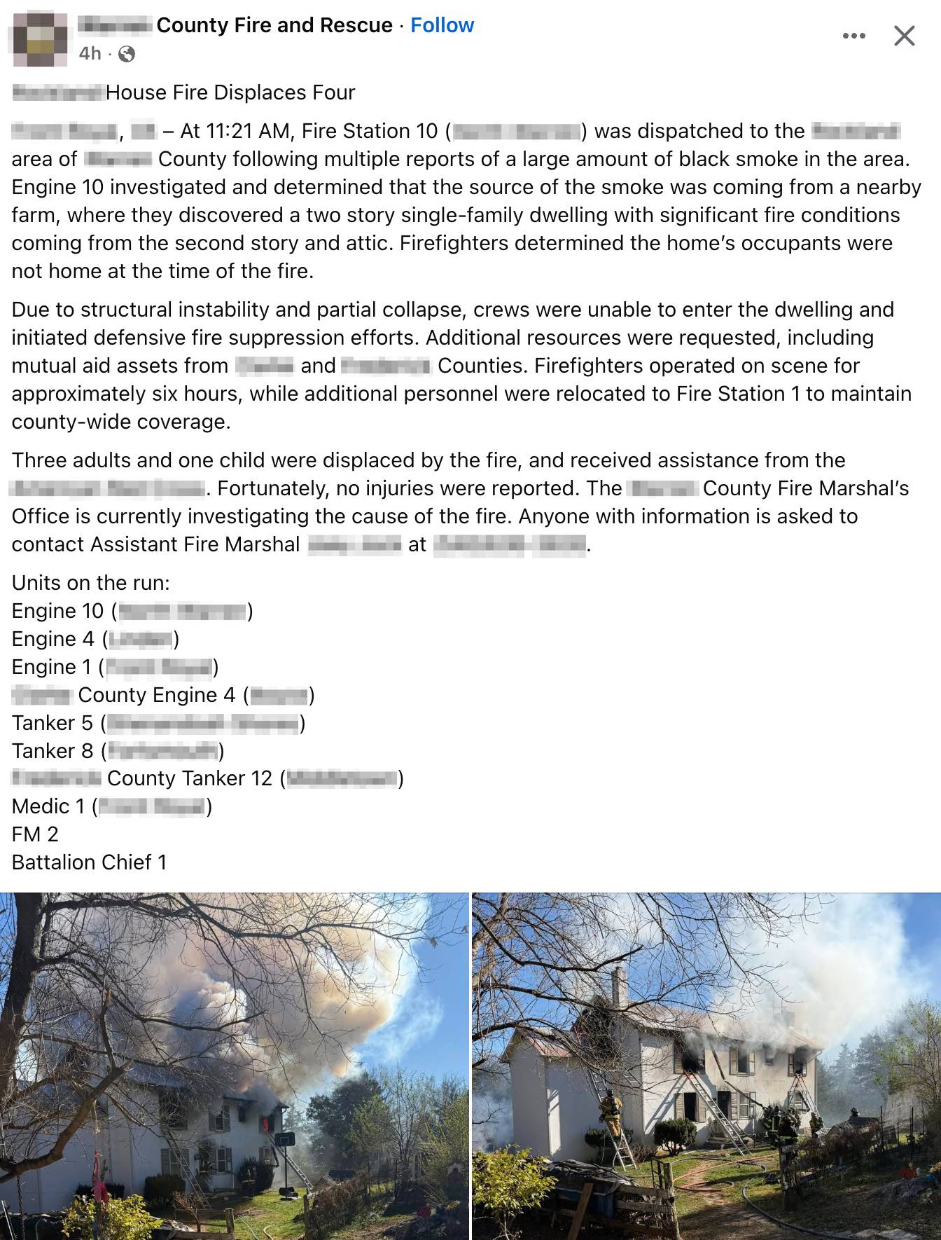 Screenshot of a social media post with text and photos of the smoky incident scene with firefighters on ladders under a blue sky. Full text of the social media post follows in the newsletter.