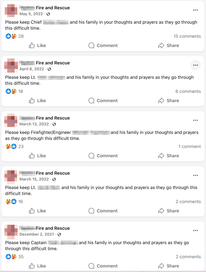 Screenshot of a series of social media posts with text asking for prayer for department members. Full text of a social media post follows in the newsletter.