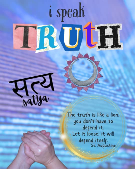 Collage with a blue feather bacground and the words I speak truth.