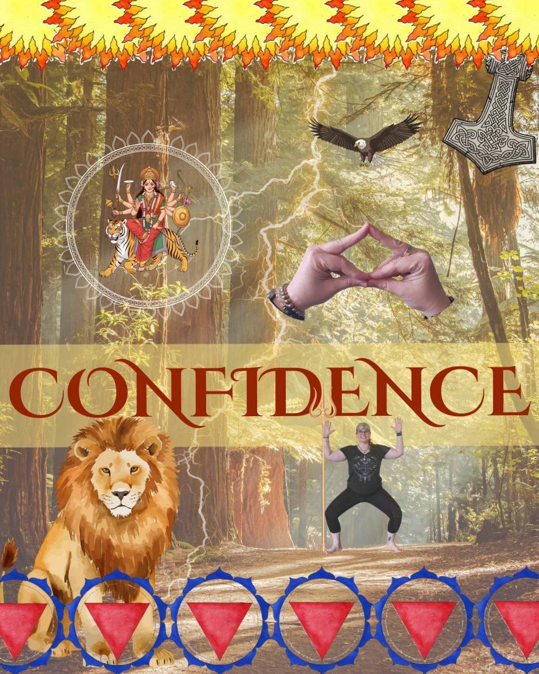 Collage with a yellow theme and the word Confidence in all capital letters. Collage includes a lion, suns, trees, the third chakra yantra, a yoga pose, durga, mudra, an eagle, and thor's hammer.
